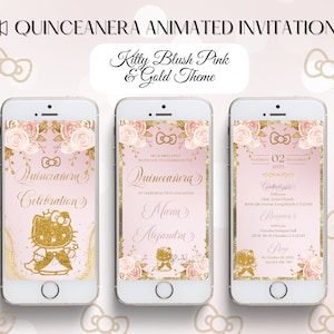 Kitty Quinceanera Digital Invitation, Blush Pink and Gold Animated Invitation, XV Invitations, Quince invites, Kitty Video Invitation