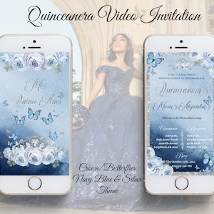 Invito video Quinceanera blu navy e argento, invito animato, corona e farfalle, inviti Mis Quince Quince, inviti xv.
