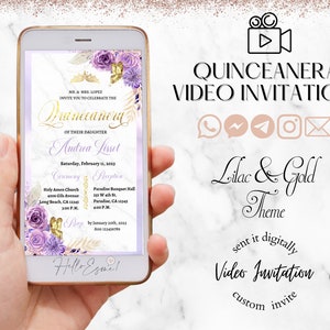 Lilac and Gold Invitation, Elegant Quinceanera Digital Video Invite, Mis Quince 15th Birthday, sweet sixteen invite, lilac and gold princess