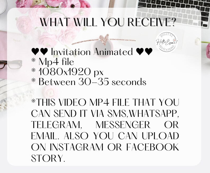 May include: White background with text: "WHAT WILL YOU RECEIVE?" and "Invitation Animated." Details include an MP4 file, 1080x1920 px, and between 30-35 seconds. The video can be sent via SMS, WhatsApp, Telegram, Messenger, or email.