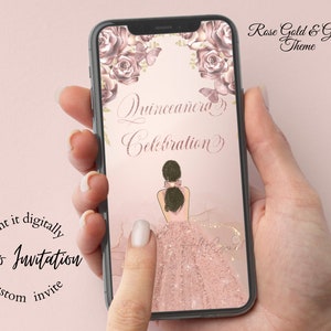 May include: A smartphone displays a digital quincea&ntilde;era invitation. The design features a rose gold and gold theme with floral accents, butterflies, and an illustration of a girl in a pink dress. Text includes "Quincea&ntilde;era Celebration" and "Video Invitation."