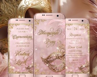 Masquerade Ball digital invitation mp4 | pink gold quinceanera video invitation | Venetian Mask Quince Invitation | Mardi Gras Sweet 16 XV