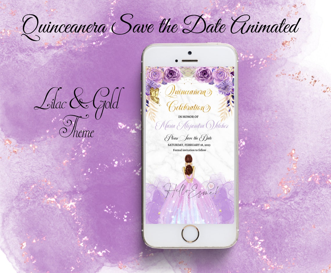 Digital Save the Date Quinceanera Lilac and Gold, Animated Invitation