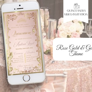 Rose Gold and Gold Quinceanera Invitation, sweet 16 invitation, video invitation, digital Invitation, mis quince años, rose gold invite