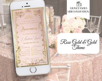 Invitación de quinceañera en oro rosa y dorado, invitación para dulces 16, invitación en video, invitación digital, mis quince años, invitación en oro rosa