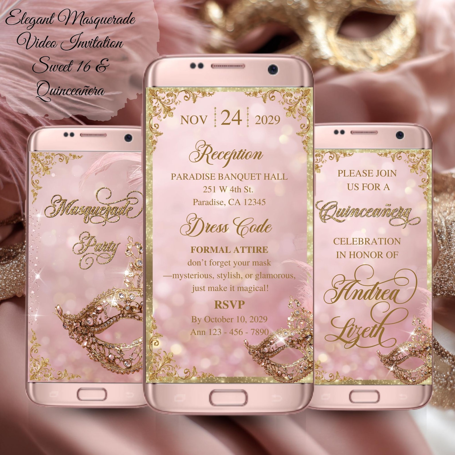 Masquerade Ball Digital Invitation Mp4 | Pink Gold Quinceanera Video ...