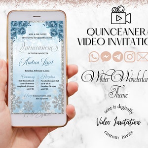 Winter Wonderland Quinceanera Video Invitation, Silver Glitter and Baby Blue, Sparkle Snowflakes, Mis quince animated video, Sweet 16 video