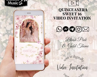 Quinceanera Video Invitation Blush pink and Gold, Elegant Sweet 16 Invitation, Quince invite, animated invitation, blush pink flowers