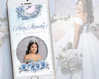 Quinceañera Digital Invitation | Website with Tracktable RSVP & Virtual Guest Book | Cinderella Sweet 16 | Dusty Blue and Silver