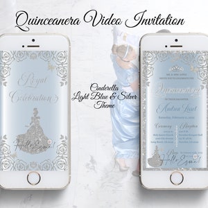 Cinderella Invitation Quinceanera , video invitation with Music, Light Blue and Silver, digital invitation Cinderella, quince Invitation.