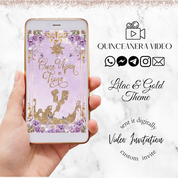 Rapunzel Videoeinladung, Quinceañoa Sweet 16, Fliedergold, verhedderte Einladung, Spanisch, digitale Einladung, animierte Einladung einladen
