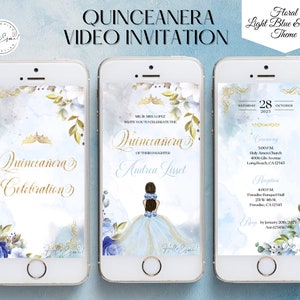 Digitale Quinceaneraeinladung Hellblau und Gold mit Musik, Quinceañoeinladung, Einladungen Quitte, Einladung Quitte, Hellblaue Quitte