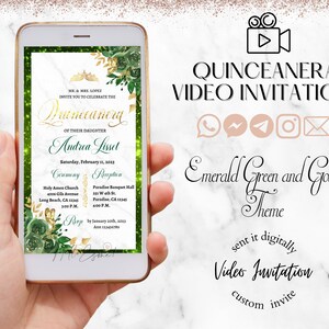 Digital Quinceanera Invitation Emerald Green and Gold, Quinceanera Video Invitation, Mis Quince, animated invitation, xv Invitations. image 1