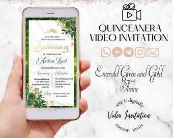 Invitación digital de quinceañera verde esmeralda y dorado, invitación en video de quinceañera, Mis Quince, invitación animada, invitaciones xv.