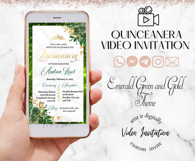 Digital Quinceanera Invitation Emerald Green and Gold, Quinceanera Video Invitation, Mis Quince, animated invitation, xv Invitations. image 1
