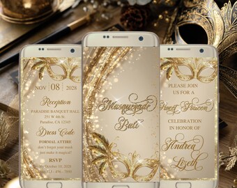 Masquerade Quince Digital Invitations | glitter gold  | Venetian Mask Quince Invitation | Mardi Gras Quinceanera