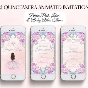 Invito video Quinceanera floreale, tema rosa cipria, lilla, blu e argento, inviti XV, inviti di mele cotogne, inviti animati