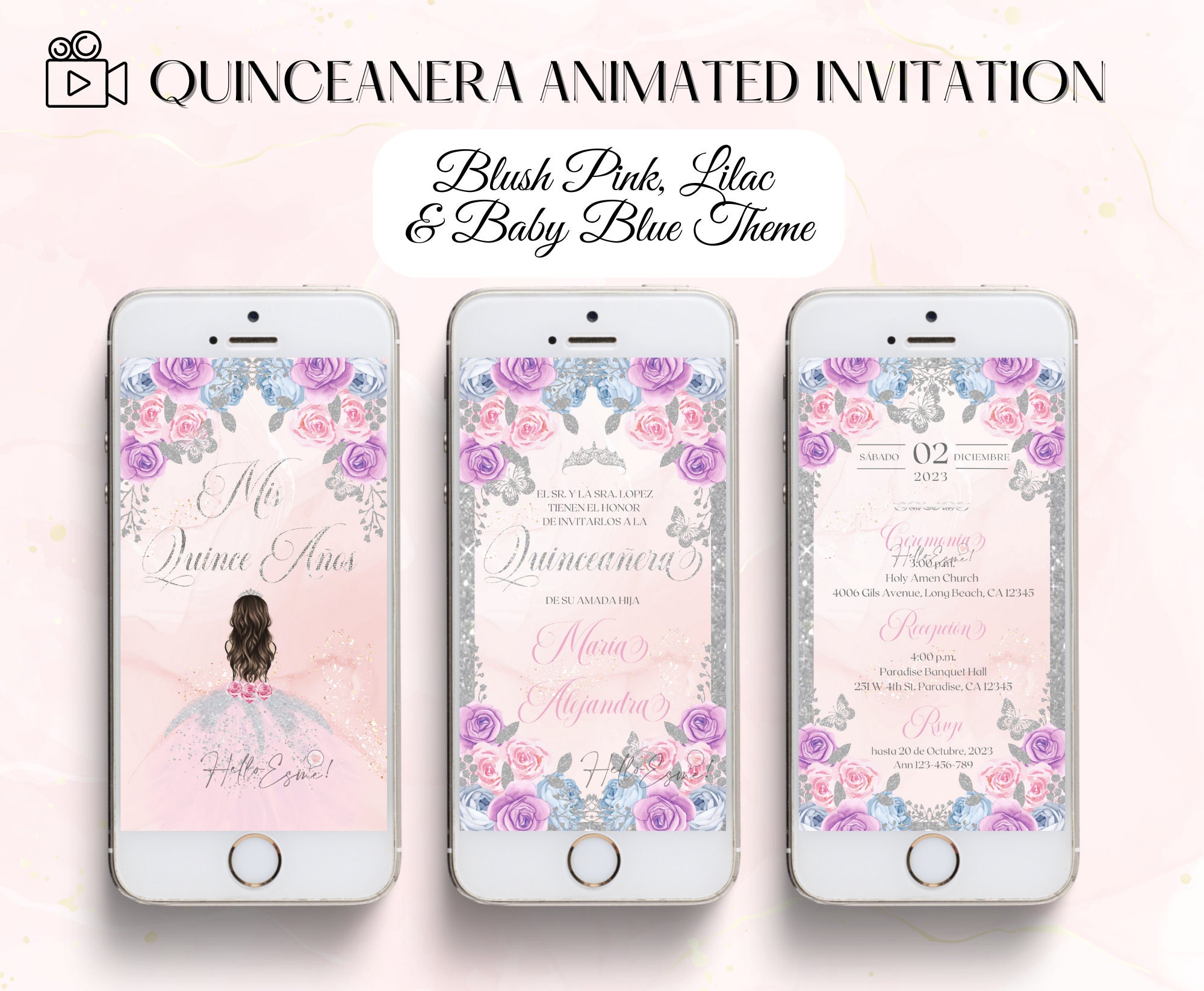 Blush Pink Digital Quinceanera Invitation, Floral and Silver ...