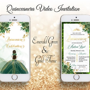 Digital Quinceanera Invitation Emerald Green and Gold, Quinceanera Video Invitation, Mis Quince, animated invitation, xv Invitations. image 2