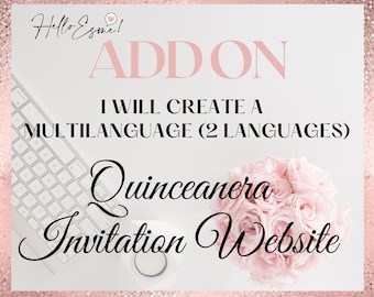 Zaproszenie na stronę internetową w wielu językach, wersja angielska/hiszpańska. Zaproszenie na Quinceanerę, możliwość śledzenia RSVP + karta cyfrowa.