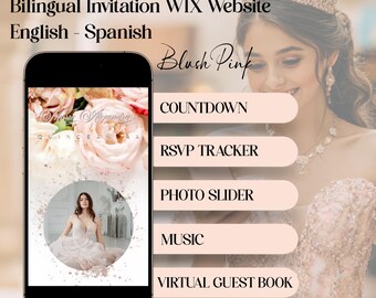 Blush Pink Sweet 16 Quinceañera Website Invitation | Bilingual Spanish & English | Digital  RSVP Tracker