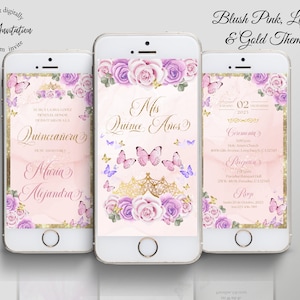 Blush Pink, Lilac and Gold Quinceanera Invitation, Animated Invitation Floral and butterflies theme, XV Invitations, Quince invitations