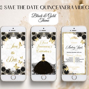 Speichern Sie das Datum Schwarz und Gold Thema, Quinceanera Video Einladung, digital speichern Sie das Datum, digitale Einladung, Quitte lädt ein, xv Einladungen