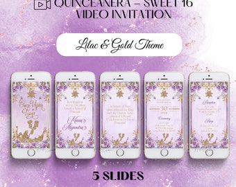Puede incluir: Cinco maquetas de pantalla de teléfono con un diseño floral morado y dorado. El texto en las pantallas dice "Érase una vez", "En un reino no tan lejos... Vivió una hermosa princesa", "En honor a su quinceañera, el rey y la reina han planeado una celebración real digna de una princesa", "Sábado 30 de noviembre de 2024" y "Recepción".