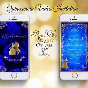 Beauty and the Beast Digital Quinceanera Invitation / Royal Blue and Gold Roses, quince invitations, animated invitations, Belle Invitation