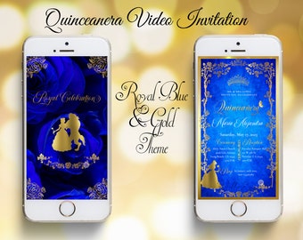 Royal Blue & Gold Quinceanera Video Invitation: Beauty and the Beast Theme