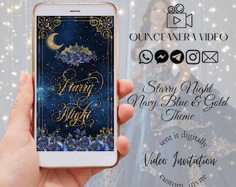 Sweet 16 invitation A night under the stars, Starry night video invitation, navy blue and gold, Moon and Stars, sweet 16