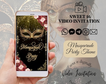 masquerade party invitation, mis quince, sweet 16 invitation, black and gold, digital invitation, masquerade mask, masquerade invite