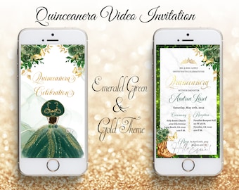 Emerald Green & Gold Quinceanera Video Invitation (Digital)