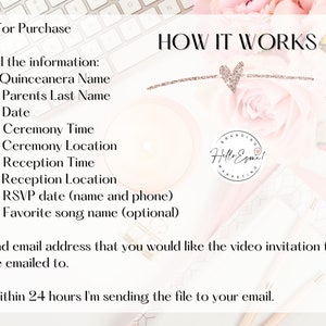 May include: A pink and white floral background with a keyboard and a white card with the text "HOW IT WORKS" and instructions for purchasing a Quinceanera video invitation. The card also includes the text "Hello Esme! Branding & Marketing".