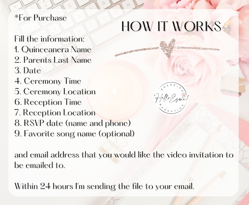 May include: A pink and white floral background with a keyboard and a white card with the text "HOW IT WORKS" and instructions for purchasing a Quinceanera video invitation. The card also includes the text "Hello Esme! Branding & Marketing".