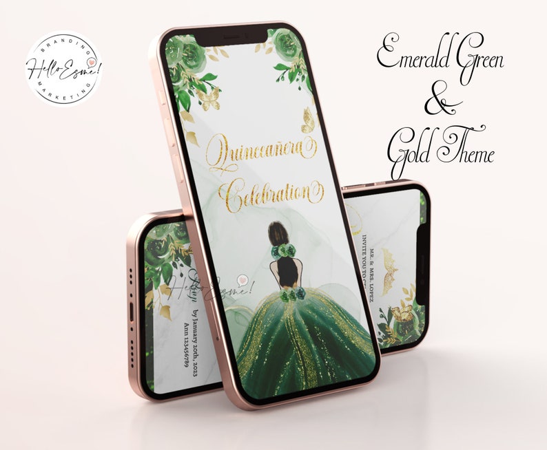Digital Quinceanera Invitation Emerald Green and Gold, Quinceanera Video Invitation, Mis Quince, animated invitation, xv Invitations. image 9