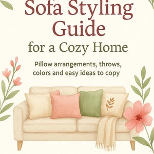 Può includere: Illustrazione ad acquerello di un divano con cuscini e una coperta, con il testo "Sofa Styling Guide for a Cozy Home". La guida tratta di disposizione dei cuscini, colori e idee facili. Accenti floreali incorniciano il testo e il divano.