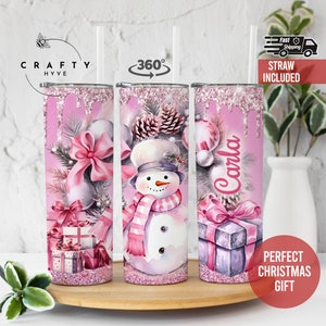 Personalized Pink Snowman Tumbler, Pink Christmas Gift for Her, Snow woman Tumbler, Christmas Gift for Snow Lovers, Snowman Travel Mug