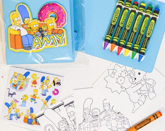 Libro para colorear de Los Simpson: paquete de actividades personalizadas para niños con crayones y pegatinas / decoración de cumpleaños con temática de dibujos animados