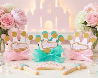 Princess Crown Candy Favor Boxes with Bow Personalized Pink Gold Pastel Treat Holders for Girls Birthday Party