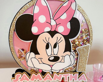 ミニーケーキトッパー、ミニーパーティーデコレーション、ミニーマウスバースデー、ミニーパーソナライズシェイカーケーキトッパー、ミニーテーマバースデー