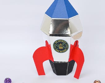 Rocket Favor Boxes: Space Party, geïnspireerd op Buzz Lightyear, metallic karton