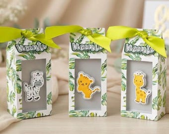 Scatoline per bomboniere per baby shower a tema safari, colore neutro giungla, set personalizzabile con nome, 6 o 12 pezzi, cartoncino resistente, già assemblate / colori tenui / dimensioni 10 cm