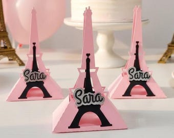 Eiffelturm Geschenkschachteln Paris Brautdusche Set mit sechs rosa Glitter - schicke Pariser Partydekoration Kleine Geschenkhalter Karton