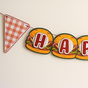 Burger Geburtstag Banner, Fast Food Party Dekoration, alles Gute zum Geburtstag Zeichen, personalisierte Burger Thema Banner, Picknick BBQ Party Dekor