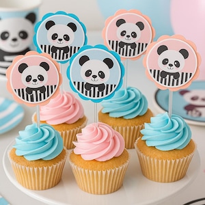 Panda Cupcake Toppers | Pink & Blue Panda Party Decorations | Baby Shower Cupcake Picks | Panda Birthday Party Supplies