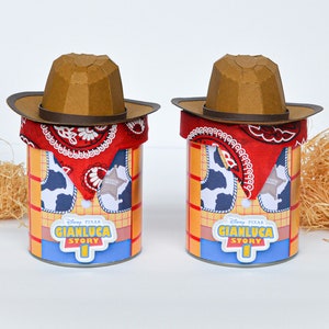 Woody Pringles Favor Can – Cowboy Party Snack Can with Hat & Bandana – Custom Toy Story Birthday Favors – Western Party Supplies