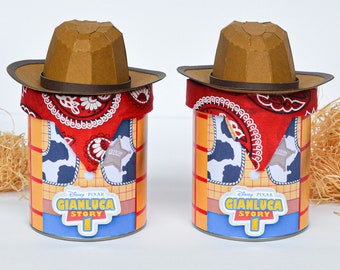 Woody Pringles Favor Can – Cowboy Party Snack Can with Hat & Bandana – Custom Toy Story Birthday Favors – Western Party Supplies