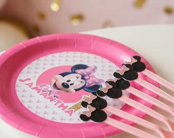 Platos y cucharas de fiesta de Minnie con nombre personalizado, juego de vajilla de cumpleaños rosa, 6, 10 o 18