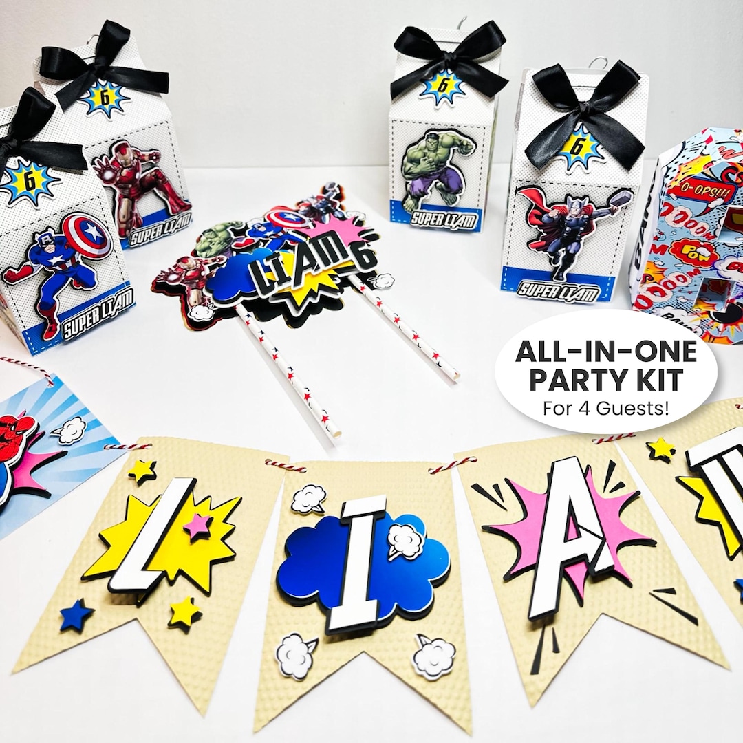Superhero Party Package for 4 Kids Avengers Birthday Decorations Banner ...